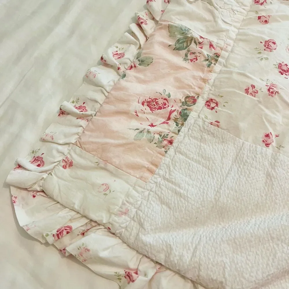 Vintage Simply Shabby Chic Pink Rose Floral Quilt Ruffled Throw Pillow Cover